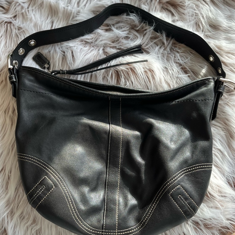 Black Leather Shoulder Purse - Coach